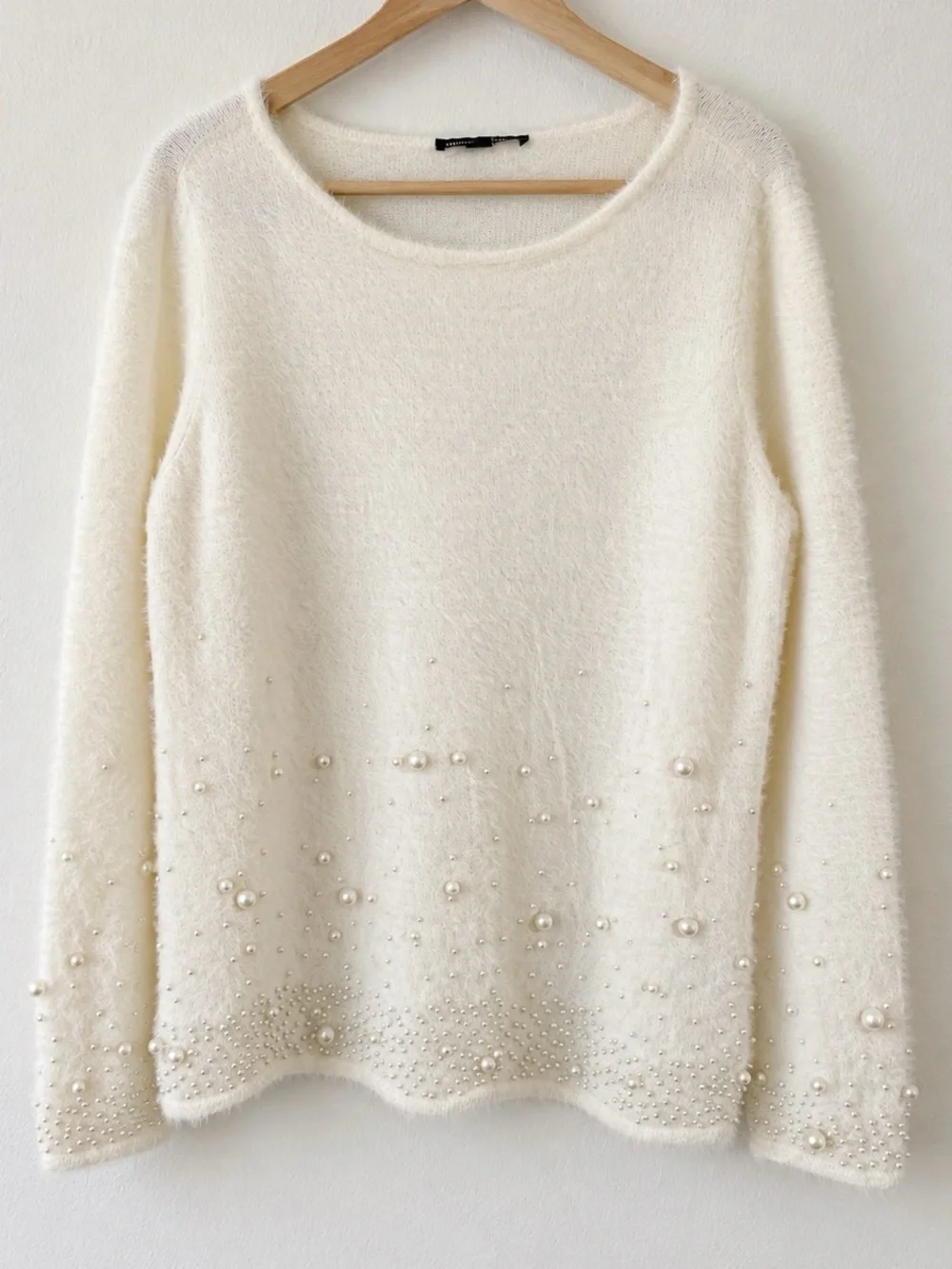 Boston Proper Ivory Pearl Embellished Fuzzy Sweater XL Rhinestone Beadedy New